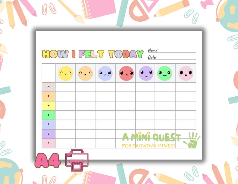 Kids’ Daily Emotion Tracker Chart – Feelings Journal, Mood Board for ...