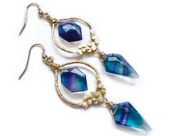 Striped fluorite earrings Gemstone statement earrings Rainbow fluorite earrings Genuine fluorite jewelry Gemstone dangle earrings