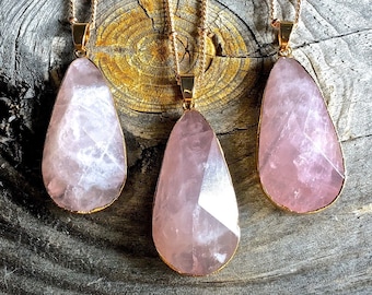 Raw rose quartz necklace 14k gold rose quartz jewelry large rose quartz pendant sterling silver Healing rose quartz necklaces Rose crystal