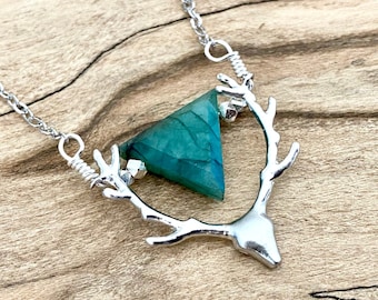 Raw emerald necklace silver Deer antler necklace Real emerald necklaces for women Silver deer necklace Green emerald pendant Deer head