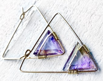 Raw ametrine earrings Lightweight statement earrings Triangle hoop earrings Gemstone hoop earrings Ametrine crystal earrings Ametrine point