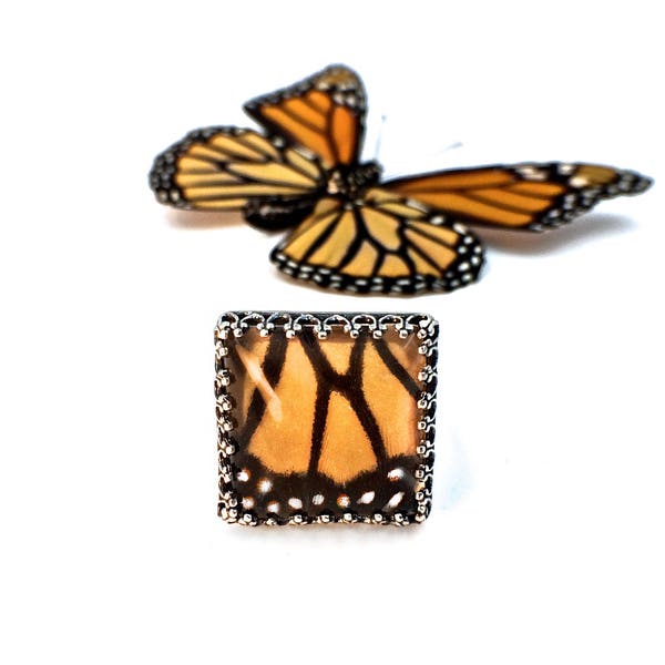 Real Monarch butterfly ring Sterling silver Real butterfly wing ring Pressed flower ring Monarch butterfly wing jewelry Adjustable ring