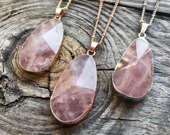 Large rose quartz necklace Raw rose quartz crystal pendant Sterling silver rose quartz jewelry Pink quartz necklace for women stone