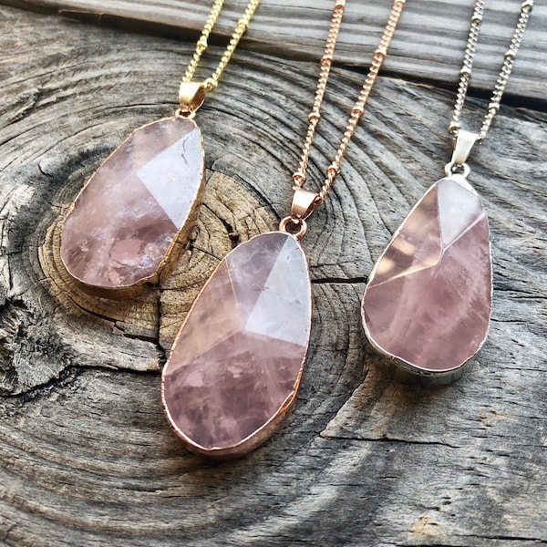 Large rose quartz necklace Raw rose quartz crystal pendant Sterling silver rose quartz jewelry Pink quartz necklace for women stone