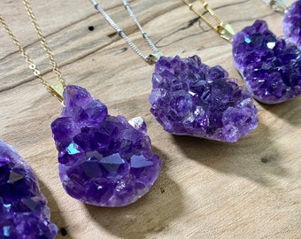 Raw amethyst necklace Large amethyst pendant Real amethyst jewelry for women Amethyst geode necklace Purple druzy pendant Crystal cluster