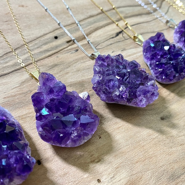 Raw amethyst necklace Large amethyst pendant Real amethyst jewelry for women Amethyst geode necklace Purple druzy pendant Crystal cluster