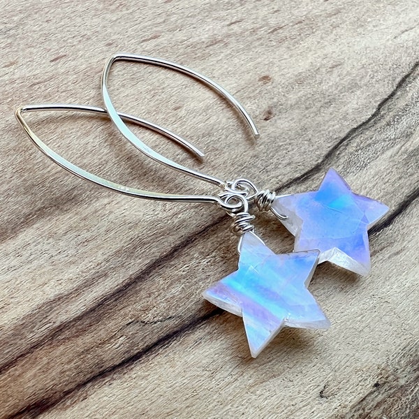 Rainbow moonstone earrings Dainty crystal star earrings Moonstone star earrings dangle Gemstone star earrings silver Raw moonstone earrings