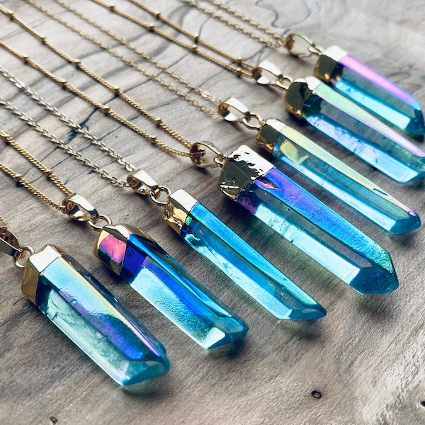 Raw Aqua Aura quartz necklace Aqua aura necklace Blue quartz necklace Quartz point necklace Aqua aura quartz pendant Blue crystal point