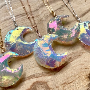 Raw crystal moon necklace Angel Aura quartz necklace Aura crystal necklace Rainbow quartz necklace Aura quartz moon necklace Moon jewelry