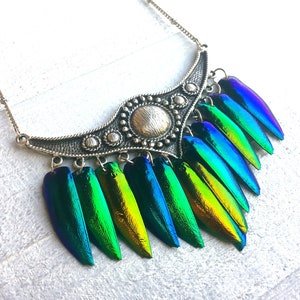 Real beetle wing necklace Statement earrings and necklace set Unique statement necklaces for women Real insect necklace Rainbow beetle