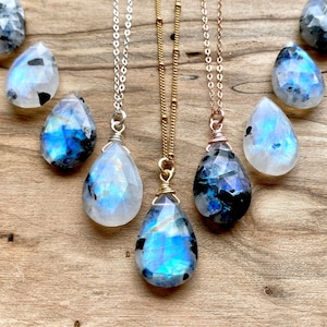 Raw moonstone necklace Handcrafted crystal necklaces Boho layered necklaces Gemstone jewelry Unique anniversary gift for her Black moonstone