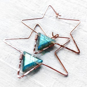 Star hoop earrings Star earrings rose gold Labradorite earrings Raw crystal earrings Gemstone hoop earrings Star hoops As seen on This Is Us image 1