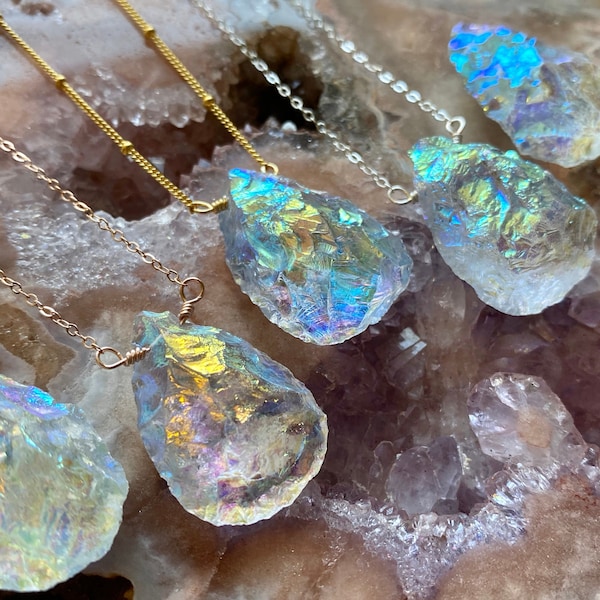 Raw angel aura quartz necklace Rainbow quartz necklace Raw crystal necklace for women Aura quartz crystal necklace Angel aura quartz pendant