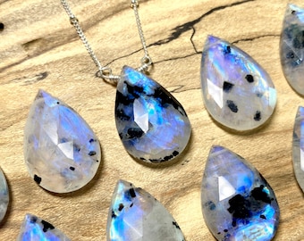 Raw moonstone necklace with black tourmaline Jewelry for women Rainbow moonstone pendant Moonstone teardrop necklace Moonstone gift