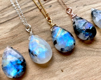 Rainbow moonstone necklace with Black tourmaline Necklaces for women Raw moonstone jewelry for best friend Angel aura moonstone pendant