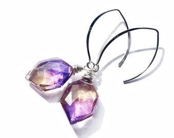 Ametrine earrings Real gemstone earrings Raw ametrine jewelry Ametrine crystal earrings Raw citrine earrings Raw gemstone threader earrings