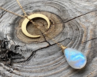 Collier arc-en-ciel de pierres de lune Collier double corne Collier phases de lune Collier lariat en or Collier demi-lune Collier en Y Pendentif croissant de lune