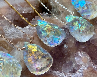 Raw angel aura quartz necklace Rainbow quartz necklace Raw crystal necklace for women Aura quartz crystal necklace Angel aura quartz pendant