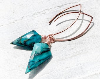 Natural Chrysocolla earrings Rose gold turquoise dangle earrings Raw Chrysocolla stone earrings for women Long spike earrings 14k gold fill