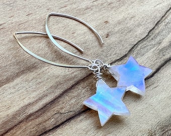 Rainbow moonstone earrings Dainty crystal star earrings Moonstone star earrings dangle Gemstone star earrings silver Raw moonstone earrings