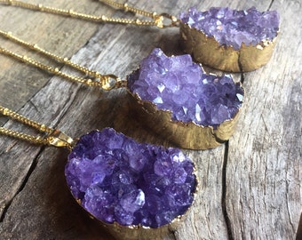 Large amethyst pendant necklace Raw amethyst necklace Natural amethyst geode necklace Real amethyst cluster necklace Amethyst silver gold