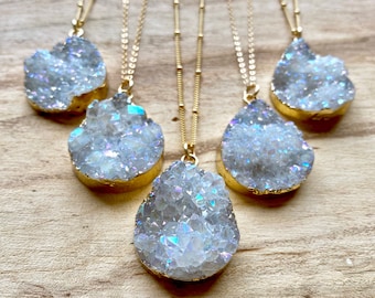 Raw druzy necklace Angel Aura Quartz necklace Druzy geode necklace Raw druzy jewelry for women Rainbow quartz crystal necklace Raw stone