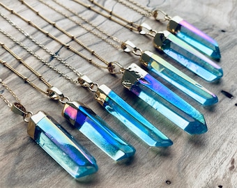 Raw Aqua Aura quartz necklace Aqua aura necklace Blue quartz necklace Quartz point necklace Aqua aura quartz pendant Blue crystal point