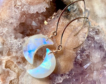 Rainbow moonstone earrings Crystal moon earrings Raw moonstone moon earrings Crescent moon earrings Half moon shaped moonstone jewelry