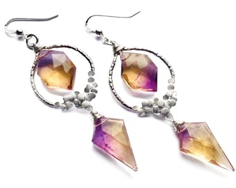 Ametrine earrings Raw gemstone earrings Genuine ametrine jewelry Raw citrine earrings Long gemstone earrings Citrine dangle earrings