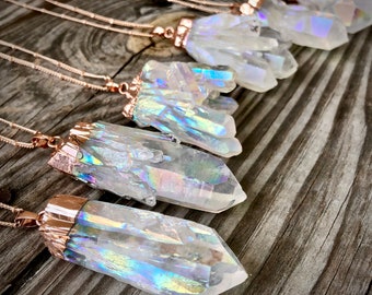 Large rainbow quartz necklace Raw crystal necklace Angel Aura quartz necklace Healing crystal necklace for women Rose Gold crystal necklace