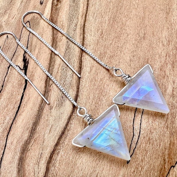 Rainbow moonstone earrings dangle Crystal point earrings Moonstone threader earrings Gemstone point earrings Moonstone triangle earrings