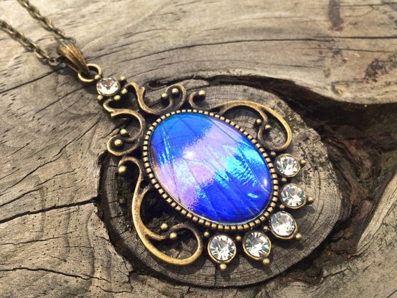 REAL Blue Morpho Butterfly wing necklace Glow necklace Turquoise necklace Vampire Diaries necklace Bright Blue opal Aqua aura quartz crystal