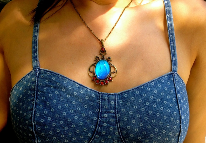 Real butterfly wing necklace 1920s necklace Art Deco necklace Flapper necklace Vintage style jewelry 1920s jewelry Blue morpho butterfly image 5