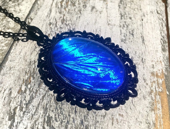 Real Blue Morpho Butterfly Wing Necklace Black and Blue Pendant