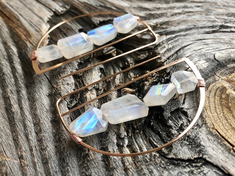 Rainbow moonstone Rose gold hoop earrings for women Raw stone earrings hoop earrings with stones Moon stone earrings Half circle earrings