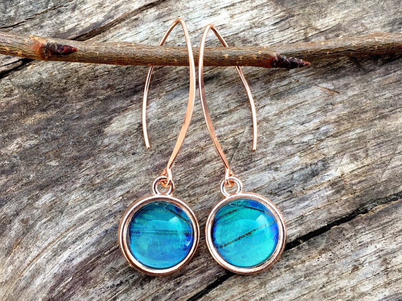 May include: A pair of rose gold dangle earrings with blue butterfly wing accents.