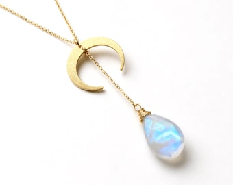 Rainbow moonstone necklace Double horn necklace Moon phase necklace Gold lariat necklace Half moon necklace Y necklace Crescent moon pendant