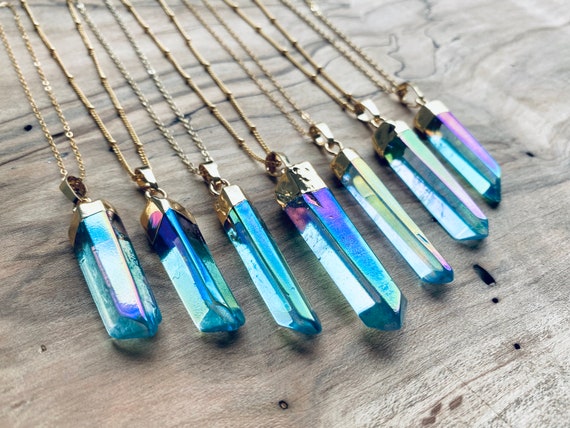 Big Raw Aqua Aura Quartz Crystal Necklace in Fine Silver / Foxlark  Collection - One of a Kind