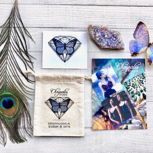 various items related to jewelry and gifts, including a feather, a butterfly, a bag, a book, and a butterfly.
