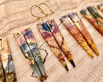 Picasso Jasper earrings dangle Long crystal earrings Red jasper earrings Crystal spike earrings Cherry creek jasper earrings Crystal point