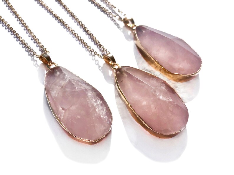 Raw rose quartz necklace 14k gold rose quartz jewelry large rose quartz pendant sterling silver Healing rose quartz necklaces Rose crystal image 8