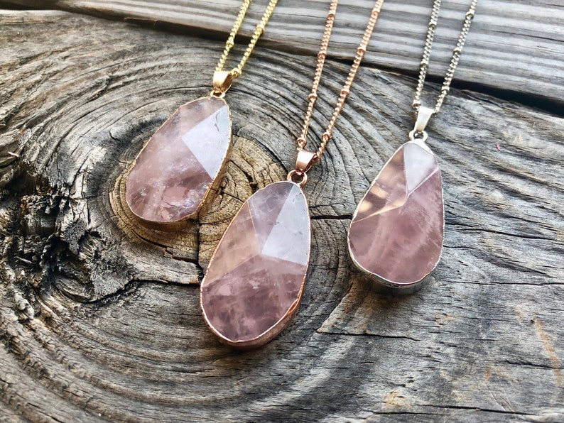 Raw rose quartz necklace 14k gold rose quartz jewelry large rose quartz pendant sterling silver Healing rose quartz necklaces Rose crystal image 3