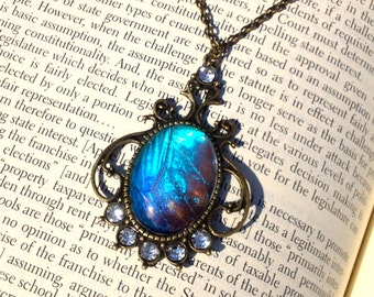 Real blue morpho butterfly necklace Vintage modernist jewelry space butterfly gift for girlfriend Fantasy themed jewelry Dark souls Cosplay