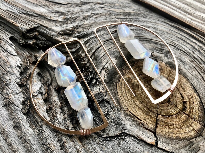 Rainbow moonstone Rose gold hoop earrings for women Raw stone earrings hoop earrings with stones Moon stone earrings Half circle earrings
