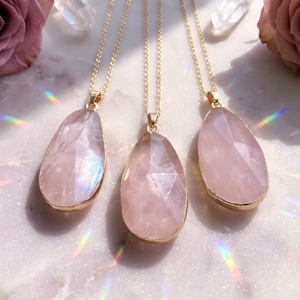Raw rose quartz necklace 14k gold rose quartz jewelry large rose quartz pendant sterling silver Healing rose quartz necklaces Rose crystal