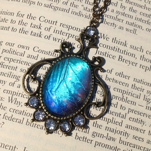 Puede incluir: Un collar de cadena de bronce con un colgante de dise&ntilde;o de ala de mariposa iridiscente azul y morado. El colgante est&aacute; rodeado de pedrer&iacute;a transparente.