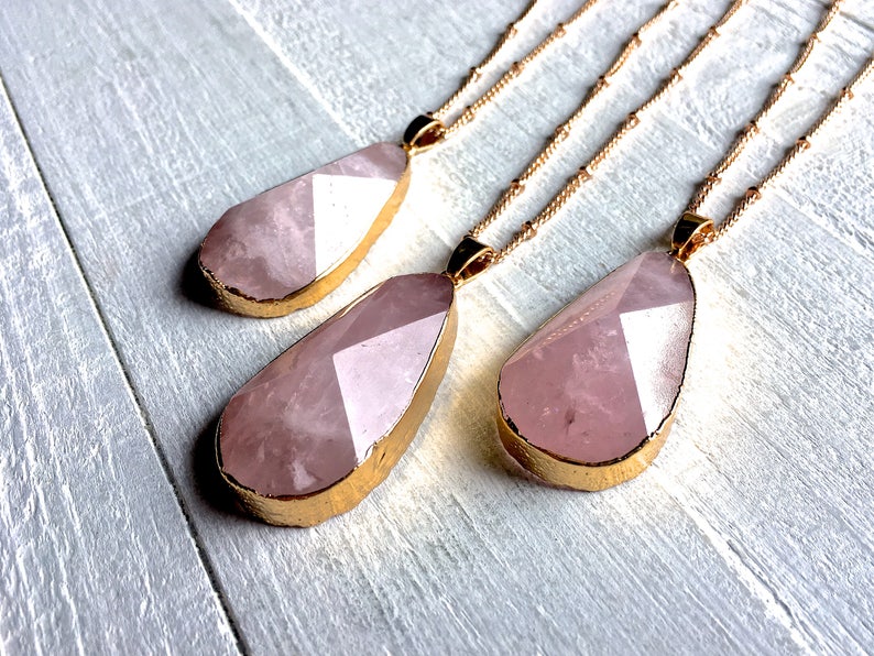 Raw rose quartz necklace 14k gold rose quartz jewelry large rose quartz pendant sterling silver Healing rose quartz necklaces Rose crystal image 6