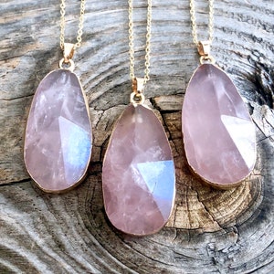 Raw rose quartz necklace 14k gold rose quartz jewelry large rose quartz pendant sterling silver Healing rose quartz necklaces Rose crystal image 5