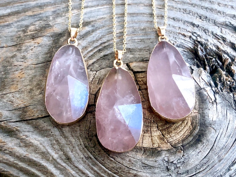 Raw rose quartz necklace 14k gold rose quartz jewelry large rose quartz pendant sterling silver Healing rose quartz necklaces Rose crystal image 5