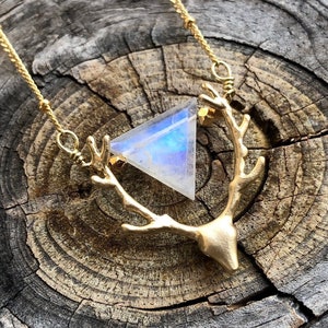 Deer antler necklace Raw moonstone necklace for women Boho crystal necklaces Gold deer necklace Reindeer necklace Boho necklaces for her